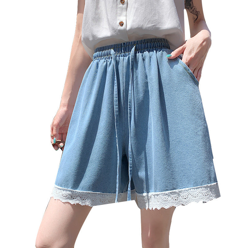 Japanese Style Wide-Leg Jeans for Women2025High Waist Lace Trim Casual Shorts Loose Straight Five-Point Shorts Trendy