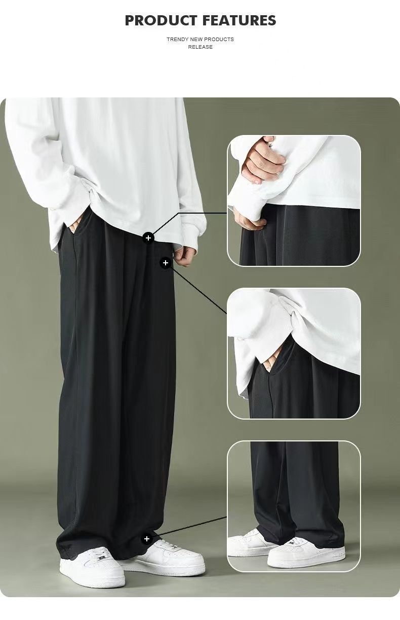 Summer Thin Pants Men Straight Pants Boys Trendy Versatile Loose Cropped Pants Students Summer Wide-Leg Casual Pants