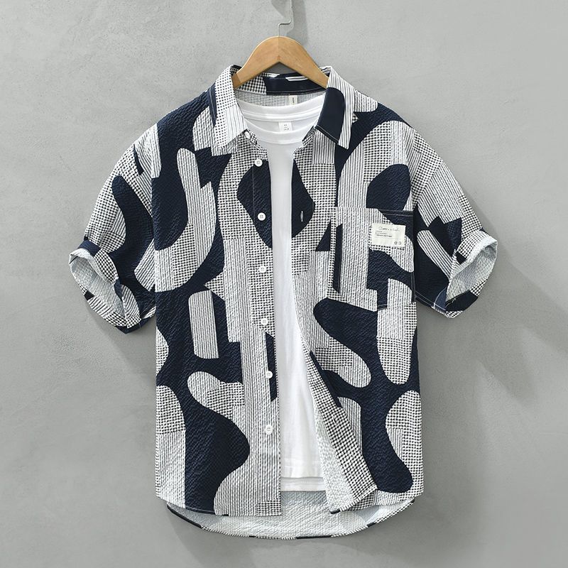 Summer Fashion Personality Print Casual Short Sleeve Shirt Men Japanese Trend Breathable Thin Large Size Shirt Jacket