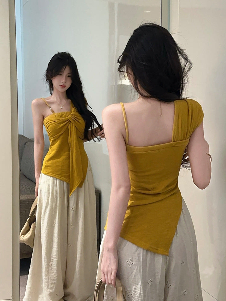 Pure Desire Hot Girl Off-Shoulder Twist t Women's T-shirt2025Summer New Slim Fit Fashionable Unique Design Top