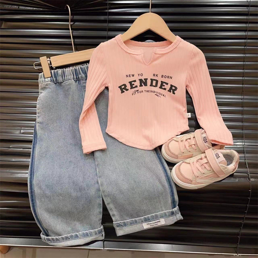 Sweet Little Girl's Sweet and Versatile Fake Two-Piece T Shirt Top25Spring New Korean Style Children's Fashionable Base Shirt