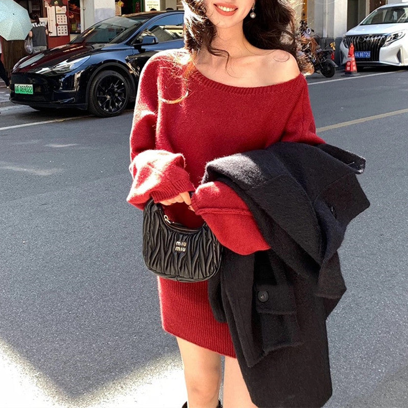 Korean Style Asymmetrical Shoulder Batwing Sleeve Sweater Dress for Women2025Autumn and Winter New Style Belted Elegant Hot Girl Bodycon Mini Dress