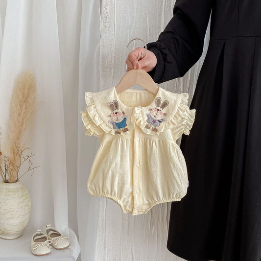 2025New Pure Cotton Girls Summer Clothes Sleeve Three-dimensional Rabbit Doll Collar Lace Baby Harness Fashionable Princess Climbing Clothes