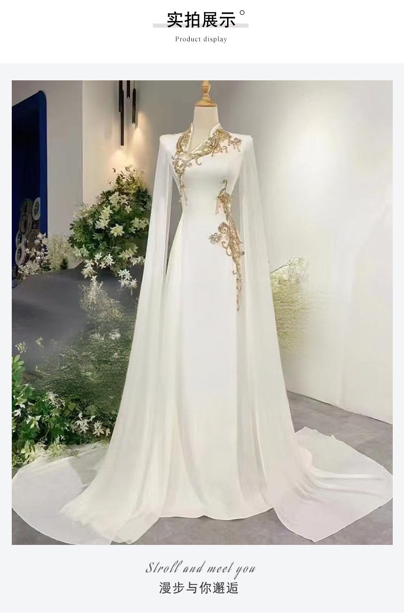 White evening dress with a high-end feel2025New Model Music Student Art Exam Vocal Performance Female Singer Folk Song Solo Performance Elegant