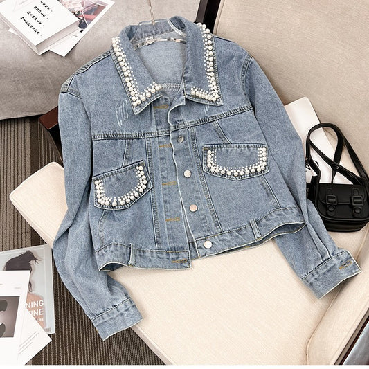 European Style Design Denim Jacket for Women, Loose Fit for Spring and Autumn2024New Heavy Beaded Jacket