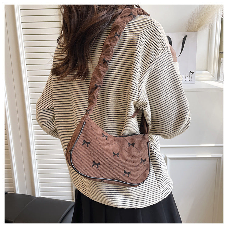Sweet Bow Plaid Single Shoulder Underarm Crescent Bag2024Autumn new simple casual large capacity handbag