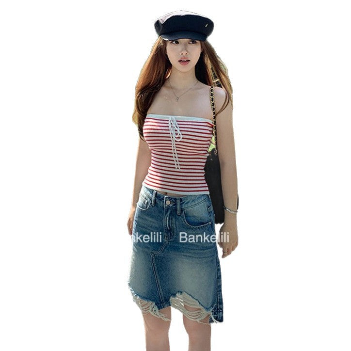 Chestnut Cocoa Bankelili'Blue Coastline'High-Level Spicy Girl Knitted Striped Tube Top Vest for Women Pure Desire