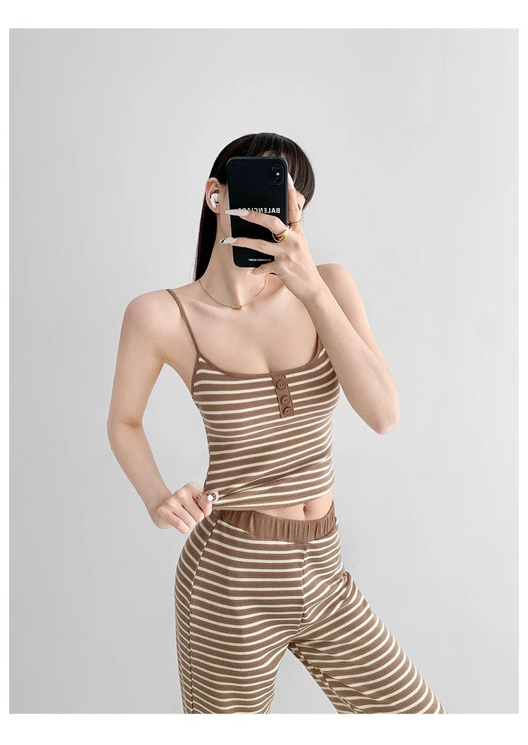 Home Lazy Relaxed Striped Slimming Wide-Leg Pants for Women Summer Hot Girl Fashion Camisole Vest Casual Two-Piece Set