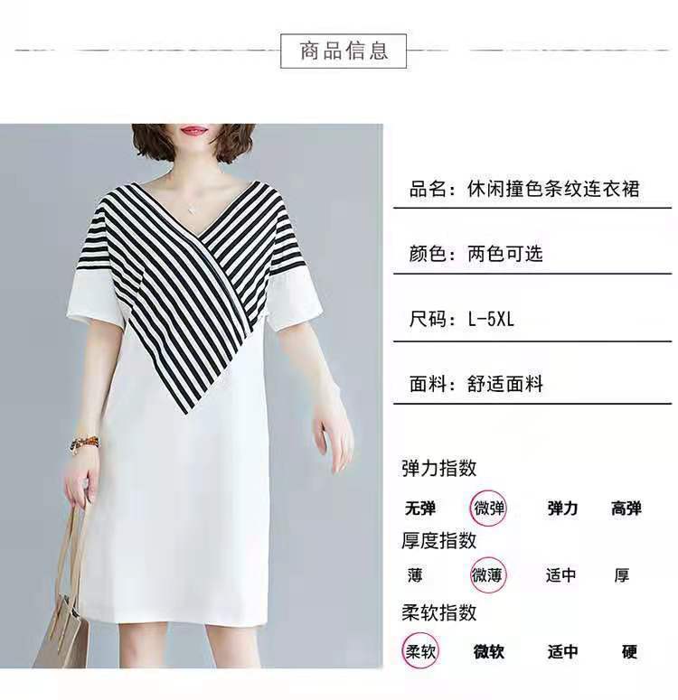 Korean Style Mid-Length Short-Sleeve Striped Patchwork Skirt, Belly-Covering, Slimming, Plus Size, Loose-Fit, Casual V Women's Trendy Collared Dress
