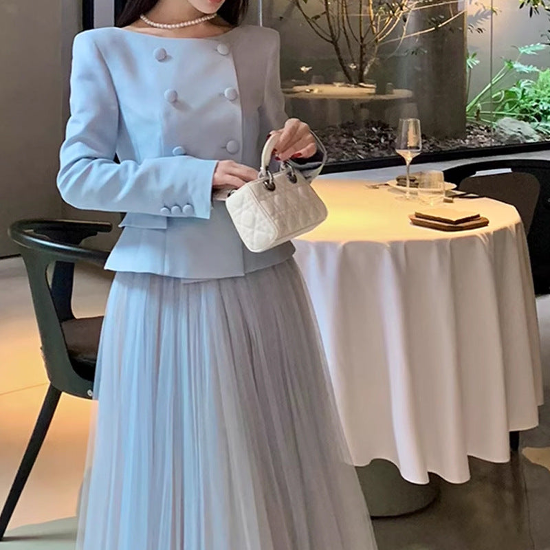 Fashionable Scarlett2025Super Popular Spring Outfit Set for Women: Top, Jacket, Half Skirt, Round Neck, Socialite Style