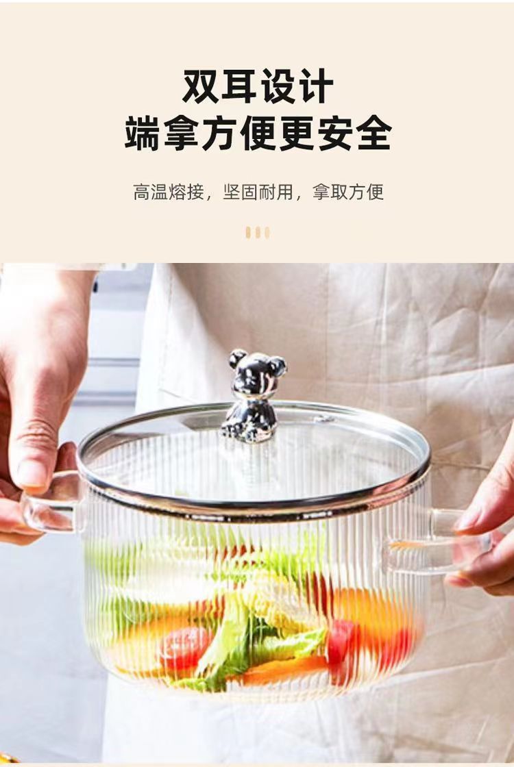 Creative Bear Double Ear Soup Pot Striped Pot Glass Transparent Health Pot Electric Ceramic Stove Heatable Instant Noodle Bowl Milk Pot