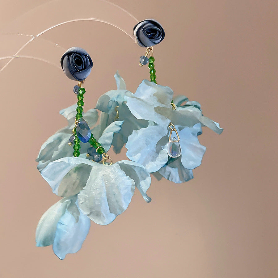 Resort Style Silver Needle Fabric Flower Tassel Earrings High-End Fashion Earrings Bohemian Sweet Exaggerated Ear Jewelry