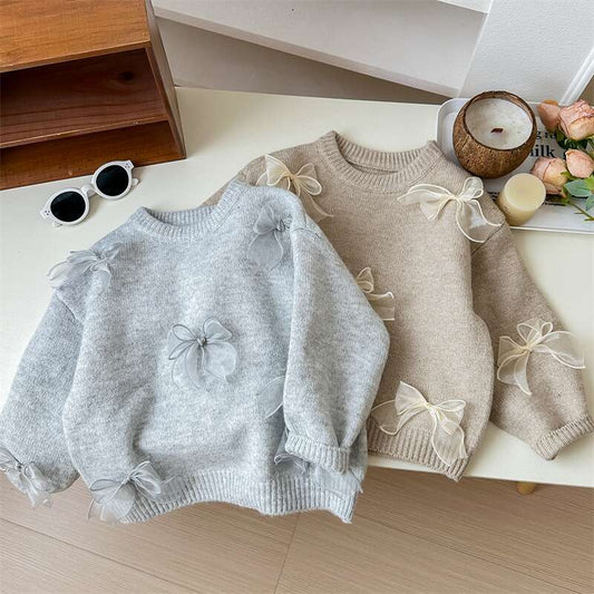 Sweet Little Sister Korean Children's Sweater Spring and Autumn New Fashionable Girls' Korean Style Fashionable Children's Bow Knitted Sweater