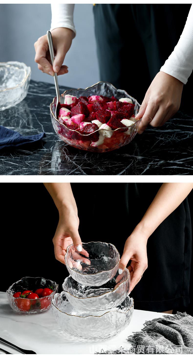 Japanese Style Glass Bowl Gold Rim Salad Bowl Transparent Fruit Plate Dessert Bowl Instant Noodle Bowl Rice Bowl Tableware Household Snack Bowl