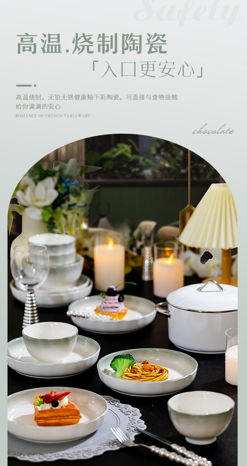 Nordic Style Gradient Color Bowl and Plate Set for Home Use, Thickened Lace Ceramic Tableware, Bowl and Plate Combination, Underglaze Color Bowl Set