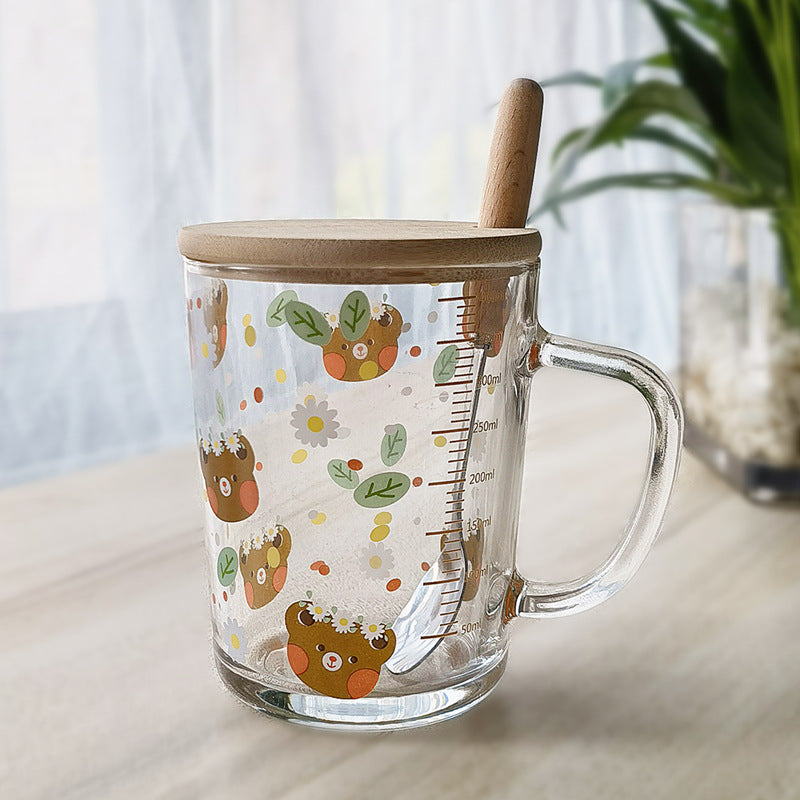 ins Glass Cup with Straw Milk Breakfast Cup Cute Cartoon Graduated Cup with Lid Spoon Gift Customization logo