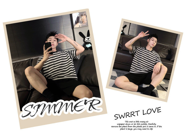 Couple Summer New Pajamas Women's Short Sleeve Imitation Cotton Nightdress Korean Style Wearable Men's Homewear Striped Set