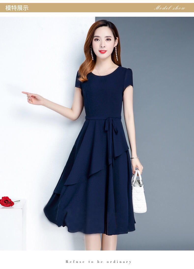 Summer New Fashionable Slimming Age-Reducing Skirt Elegant Mid-Length Style a Round Neck Plus Size Loose Women's Dress