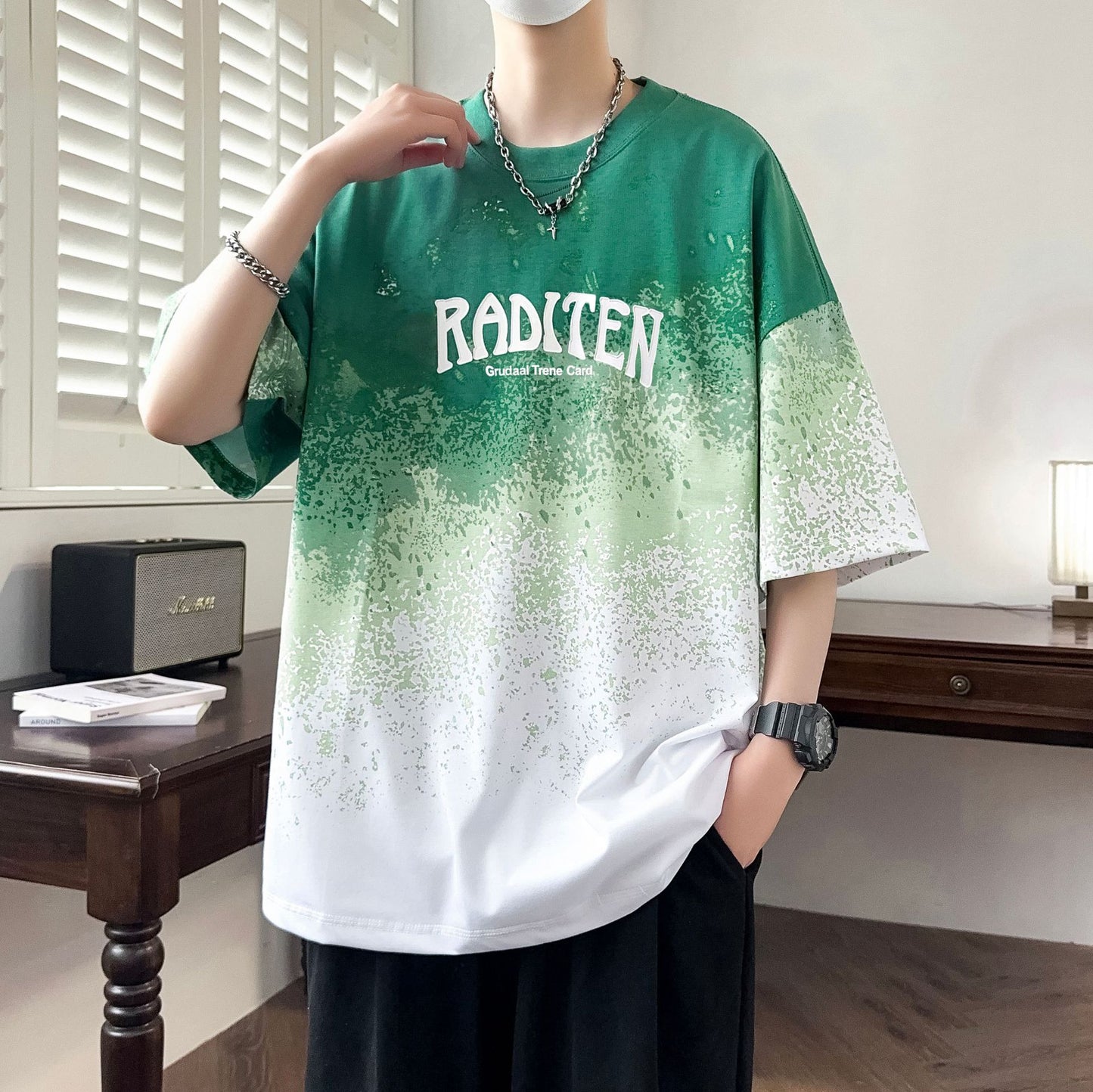 2025Summer New Men's Youth Casual Stylish Trendy Loose Short Sleeve T Shirt Gradient Color for Middle and High School Students
