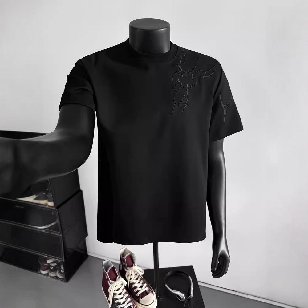 Lightning Embroidered Short Sleeve t Men's Summer New Loose American Retro High Street Round Neck Half Sleeve T-Shirt
