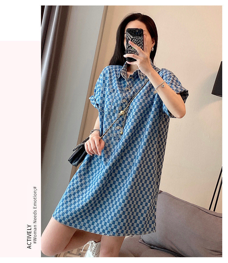 2-300Jin Fat mm Denim Blue Dress for Women Summer New Large Size Mid-Length Loose Short Sleeve T T-shirt Skirt