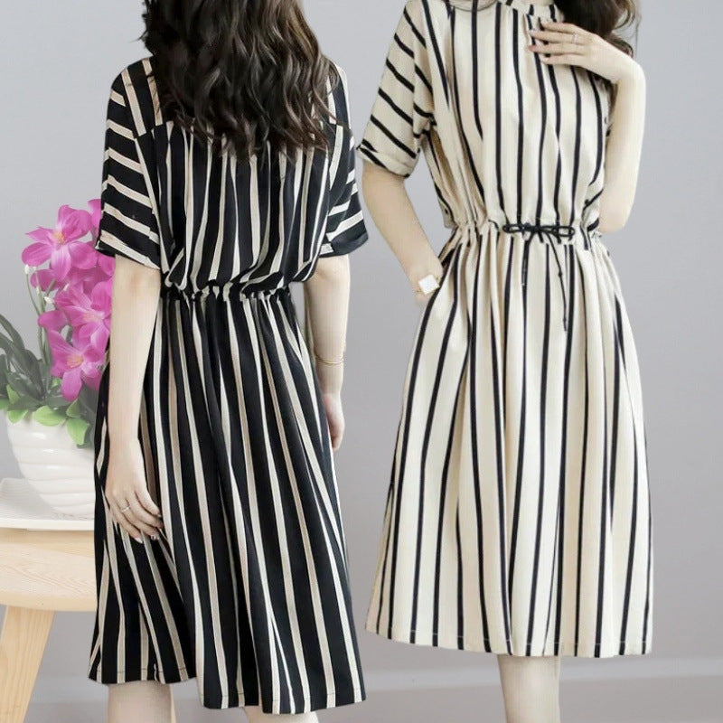Beautiful Striped Dress2025Korean Style Lace-Up Waist-Cinching Loose Skirt Summer Mid-Length Plus Size Women's Clothing Wholesale
