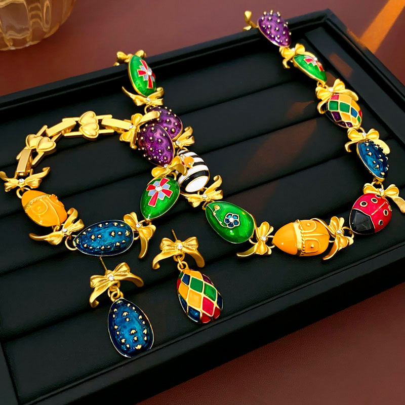 Medieval vintage Water Drop Flower Bow Necklace Palace Style Diamond Inlaid Oil Drop Collarbone Chain High-end Jewelry