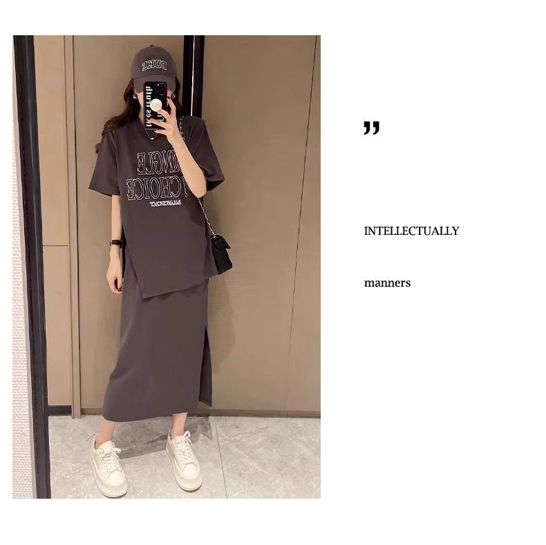 Plus Size Women's Summer Fashion Set European Style Belly Covering Slimming Skirt Two-Piece Set for Chubby Women mm300Jin