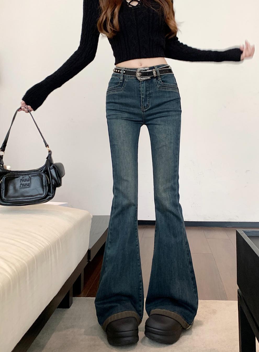 Washed Fleece-Lined Flared Jeans for Women, Autumn and Winter Vintage Slim High-Waisted Slimming Floor-Length Pants, Leg-Shaping
