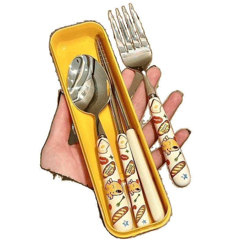 Student Dormitory Home Cute Bread Dog Tableware Set Spoon Fork Three-piece Portable Kitchen Supplies Cartoon Creative