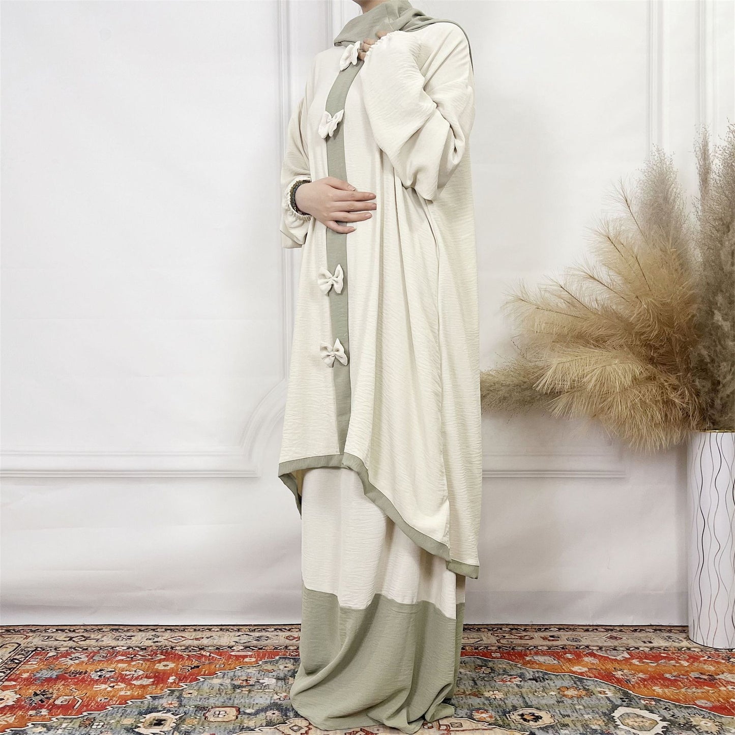 2024Aliexpress Muslims Fashion Women's Two-Piece Set with Bowknot, Solid Color Double-Layer Hat and Robe Set