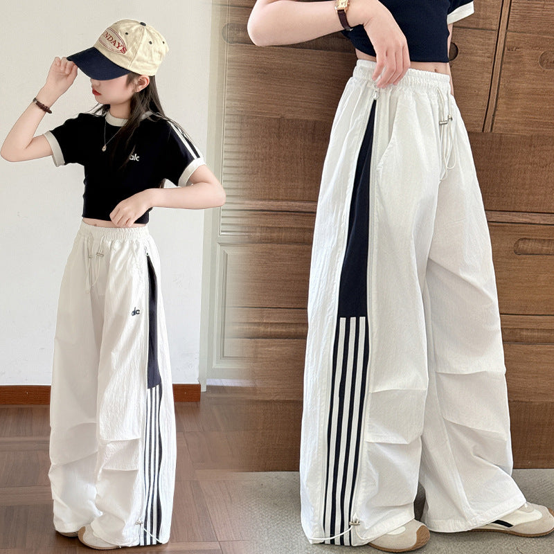 Girls' Summer Thin Pants2025New Cool and Stylish Quick-Dry Cargo Pants for Middle School Students Ice Feel Wide-Leg Pants