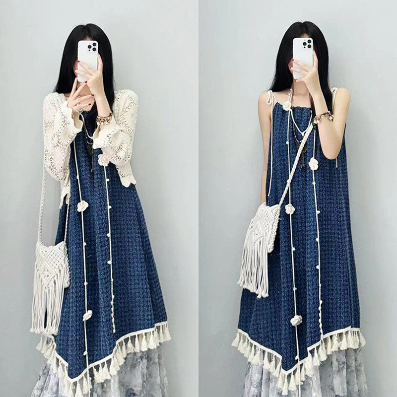 Vintage Design Summer Denim New Tassel Strap Dress for Female Students Hollow Out Sunscreen Cardigan Two-Piece Set