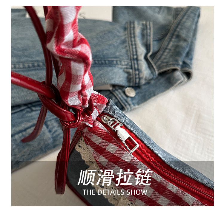 Super Popular Crossbody Bag for Women2025New Plaid Fabric Bag Wrinkled Color-Block Shoulder Bag Popular Commuter Small Square Bag