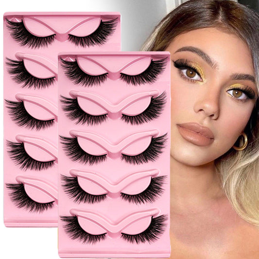 Cross-border shipping European and American style5Pair of Fox Series Slanted False Eyelashes Natural Style One-Piece Black Stem Cat Eye False Eyelashes
