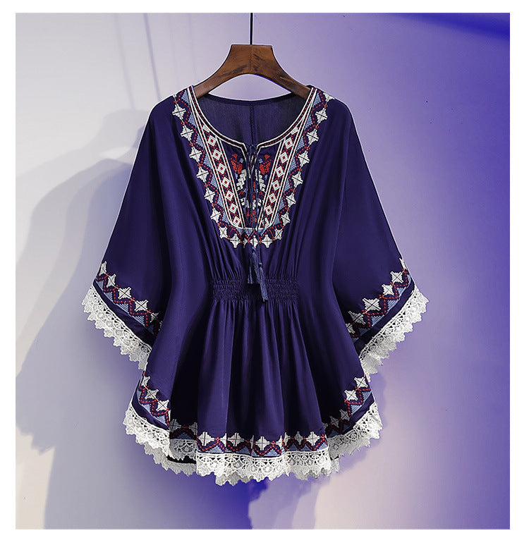 Summer Fashion Retro Slimming Top Women's Stylish Youthful Printed Five-Sleeve Round Neck Chiffon Blouse Women's Fashion