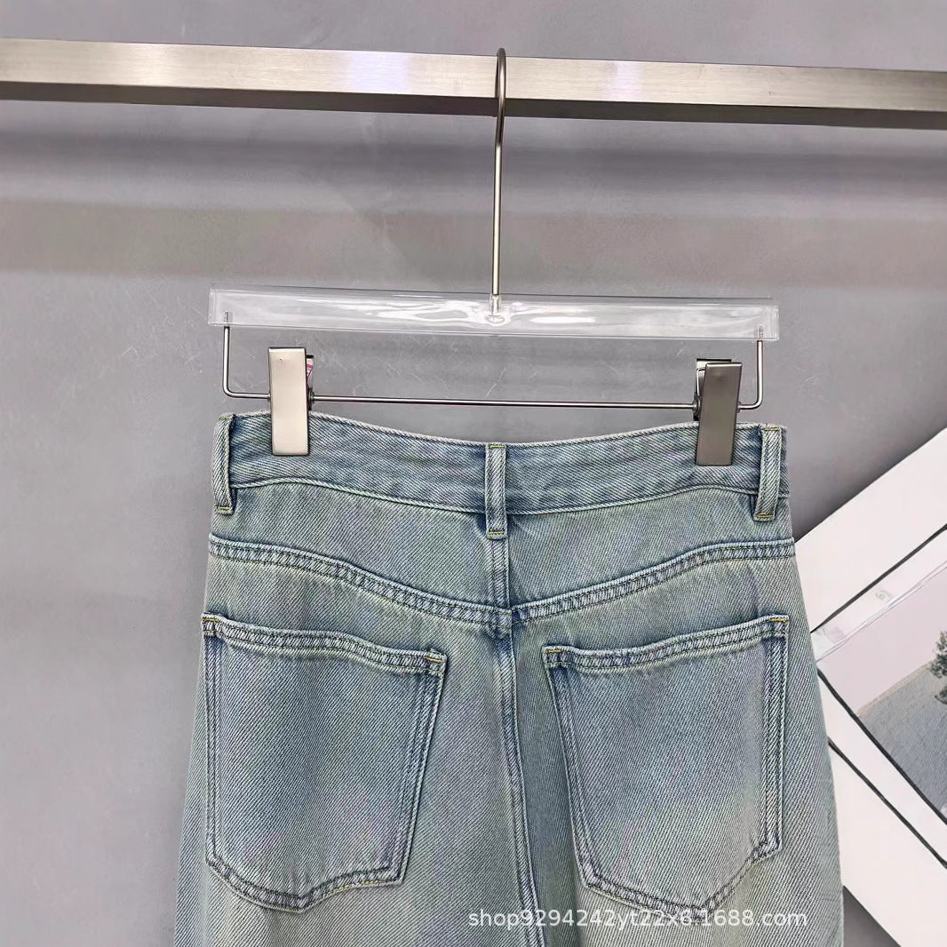 2025New Women's Light Blue Flared Pants Four Seasons Thin Straight Wide-Leg Floor-Length Pants Nanyou Casual Denim Trousers