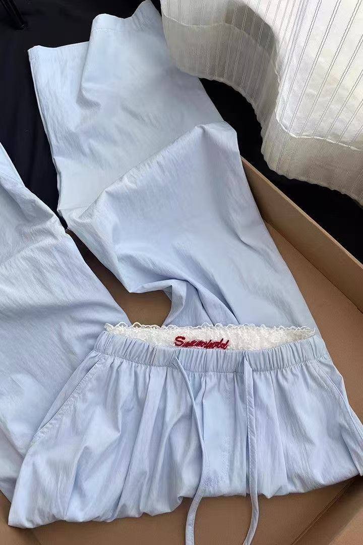 Korean Style hiphop Blue High-Waisted Casual Pants for Women, Spring and Summer Loose Fit, Student Design, Niche Ballet Style Wide-Leg Pants