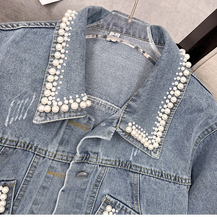 European Style Design Denim Jacket for Women, Loose Fit for Spring and Autumn2024New Heavy Beaded Jacket