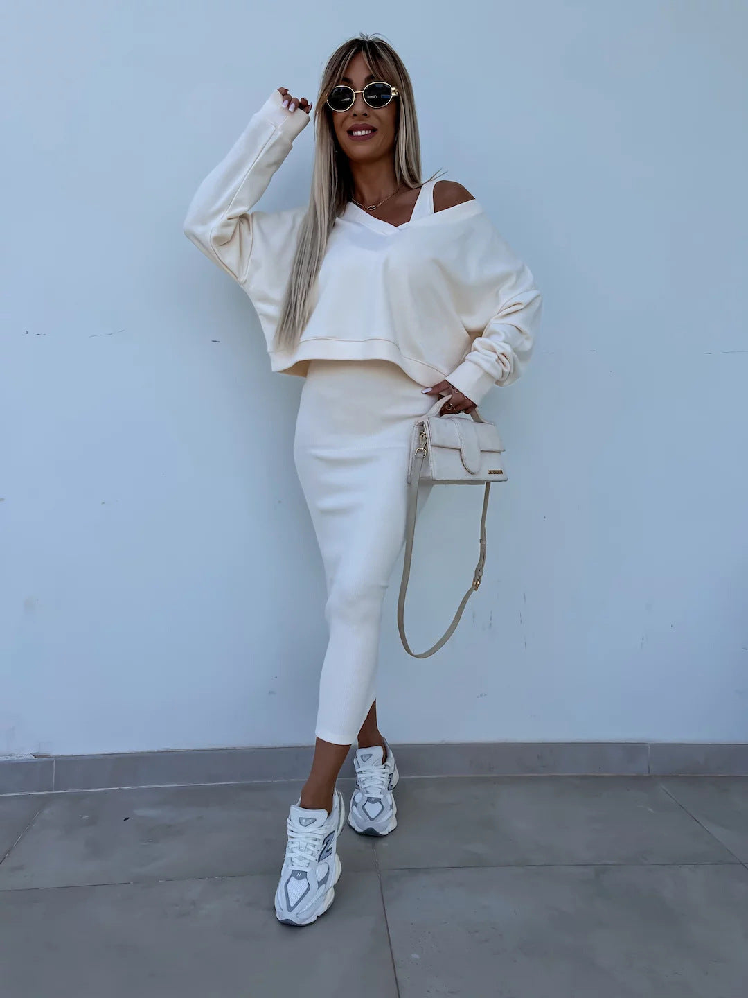 Amazon European and American Cross-Border New Spring Summer Women's Solid Color Clothing V Collar Long Sleeve Sweater Sling Slim Fit Long Dress2Set