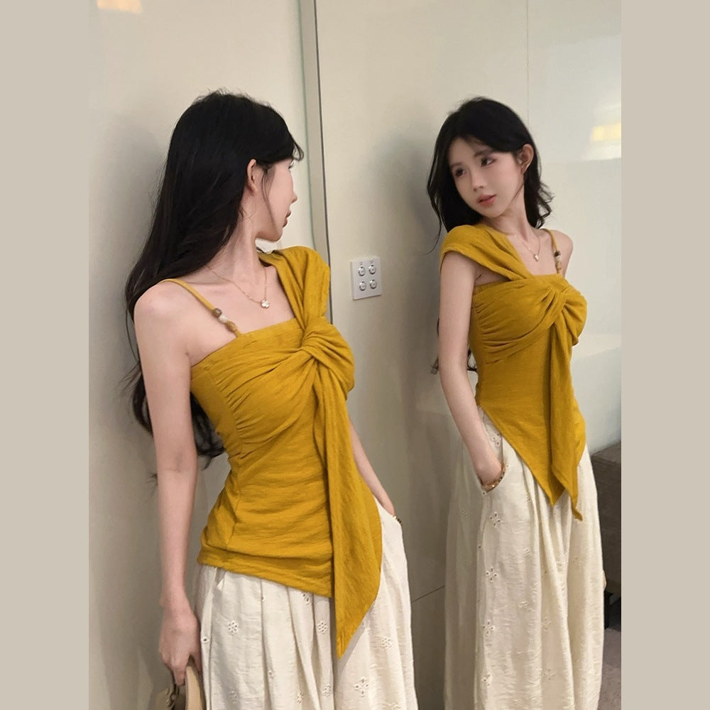 Pure Desire Hot Girl Off-Shoulder Twist t Women's T-shirt2025Summer New Slim Fit Fashionable Unique Design Top
