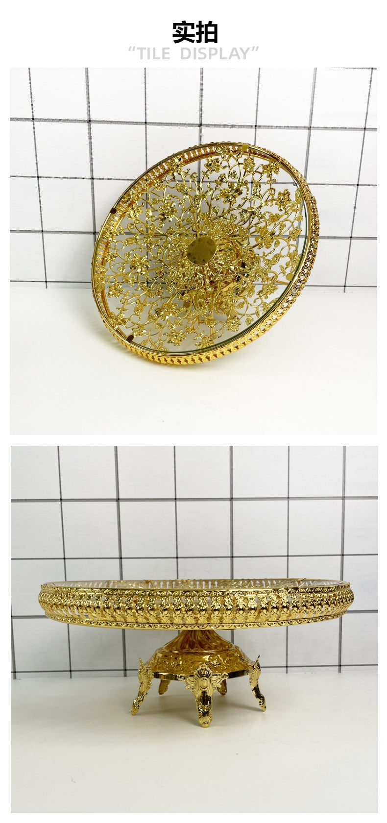 In Stock European Style Glass Gold-Plated Dessert Tray Wedding Decoration Fruit Plate Events Cake Serving Tray
