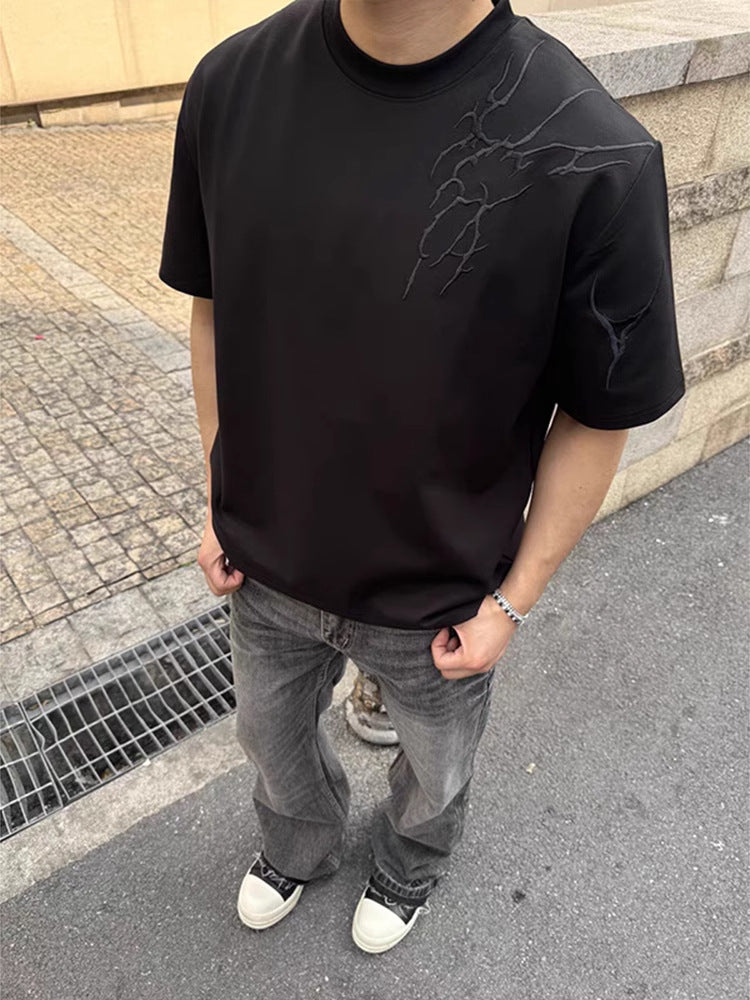 Lightning Embroidered Short Sleeve t Men's Summer New Loose American Retro High Street Round Neck Half Sleeve T-Shirt