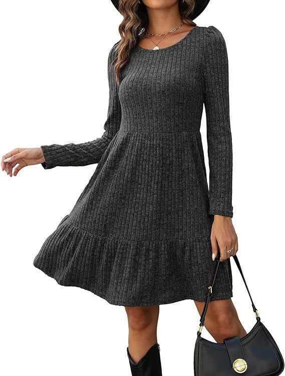 2023Autumn and Winter TEMU Amazon European and American Women's Fashion Cross-Border New Striped Round Neck Knitted Sweater Dress for Women