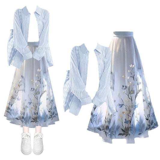 Sunscreen Shirt, High-Waisted Printed Skirt, Three-Piece Set