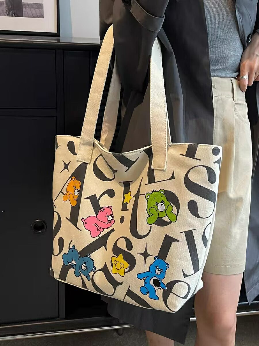 Student Canvas Bag for Women, Large Capacity Tote Commuter Bag, Versatile Printed Mommy Bag, Handheld Shoulder Bag, Shopping Bag for Women