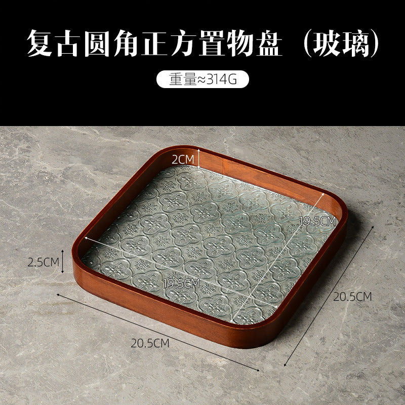 Begonia Embossed Glass Tray Walnut Color Rectangular Tea Tray Storage Ornaments Tea Water Cup Fruit Snack Plate