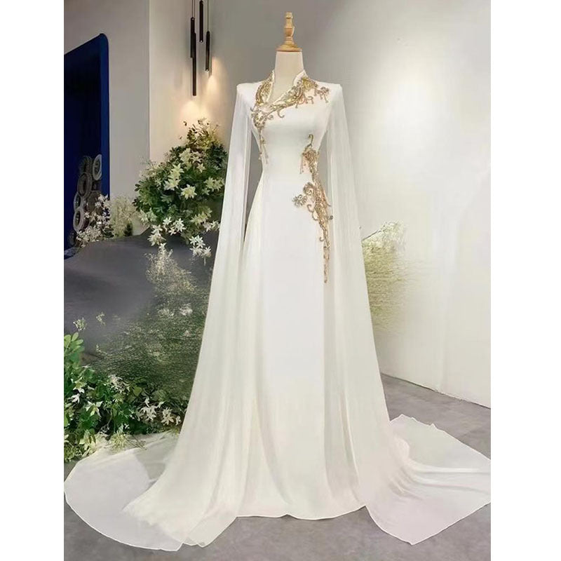 White evening dress with a high-end feel2025New Model Music Student Art Exam Vocal Performance Female Singer Folk Song Solo Performance Elegant