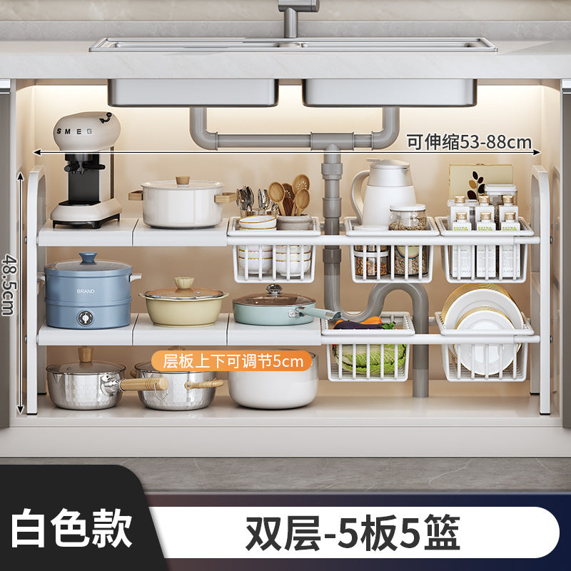 Carbon Steel Hot-Selling Telescopic Sink Storage Rack Cabinet Layered Organizer Wash Basin Kitchen Storage Dropshipping