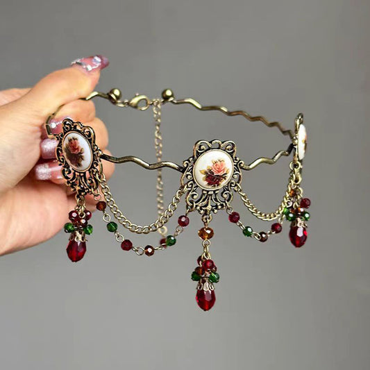 Vintage Court Style Heavy Craft Rose Flower Tassel Necklace Niche High-End Elegant Medieval Personality Style Choker Accessory